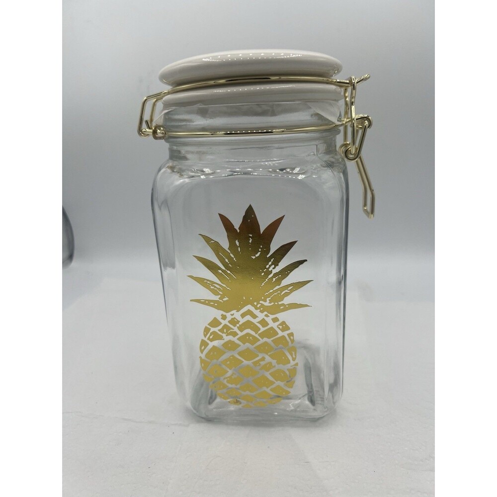 Gold Foil Pineapple Clear Glass Canister Jar 8" tall~White CeramicLid Decor  X17